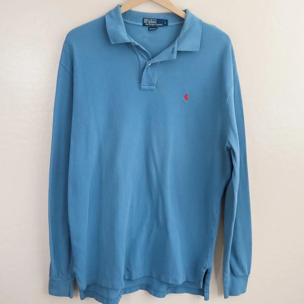 Vintage Polo Ralph Lauren Long Sleeve Polo Shirt Men L Blue Classic Pony Y2K